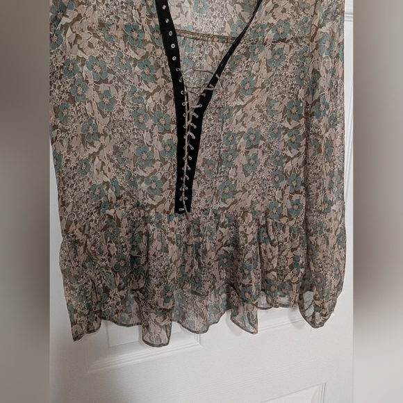 Zara, Medium, Floral Lace Up Peplum‎ Blouse, Long Sleeve, Bohemian, Sheer - Picture 3 of 6